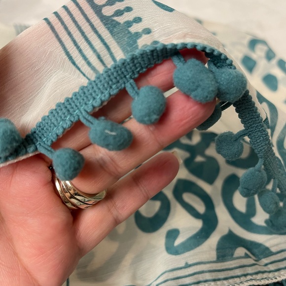 BOHO TEAL BLUE PRINT KIMONO/ COVER UP WITH POM POM DETAILING - Picture 6 of 10